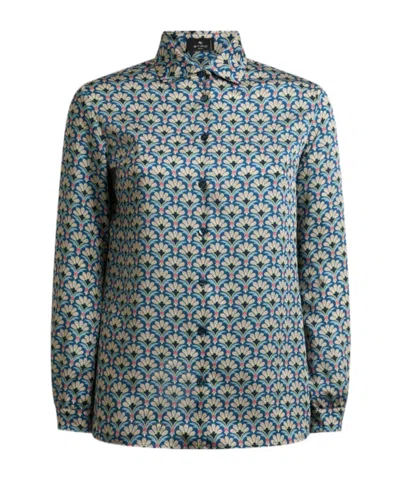 Etro Twill Shirt With Micro Palm Motif In Blue