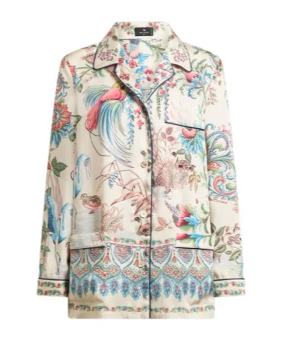 Etro Twill Shirt With Placed Flora And Fauna Print In Multi
