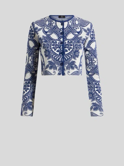 ETRO , TWO-TONE CROPPED CARDIGAN, WOMAN, NAVY BLUE, SIZE 48