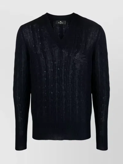 Etro V-neck Cable Knit Sweater With Ribbed Cuffs And Hem In Silver