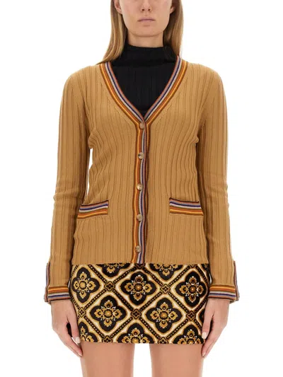 Etro Striped Ribbed Cardigan In Beige