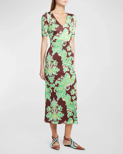 Etro V-neck Fleur De Lis Print Short-sleeve Jersey Midi Dress In Dark Brown