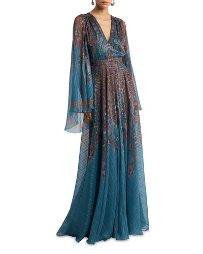 Etro V Neck Long Sleeve Silk Gown In Multi