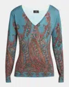 Etro Midnight Dream Printed V-neck Sweater In Blue