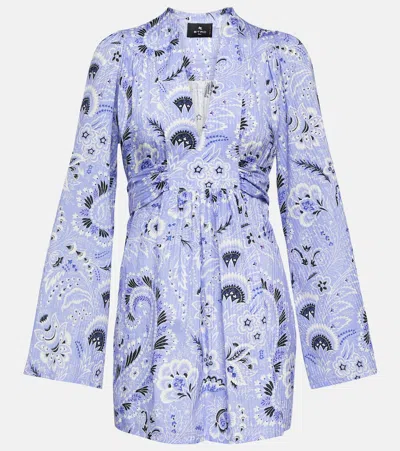 Etro V-neck Printed Cotton-blend Minidress In Blue