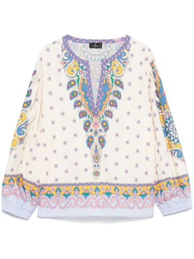 Etro V-neck Top With Long Puff Sleeves In White
