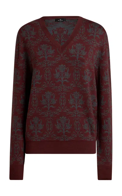 Etro V-neck Wool Sweater In Burgundy