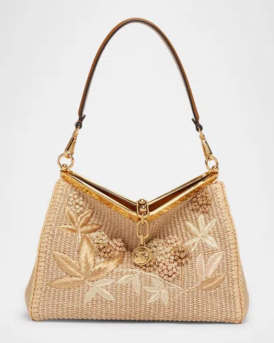 Etro Vela Embroidered Raffia Shoulder Bag In Beige