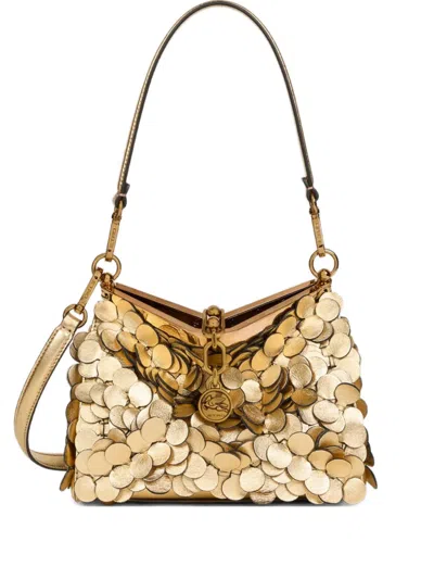 Etro Vela Laminated-sequin Small Shoulder Bag In Gold