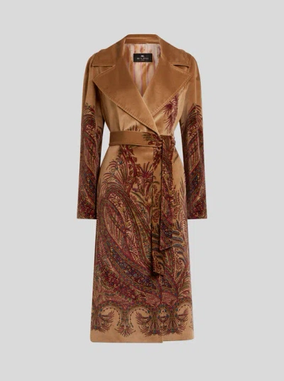 Etro , Velvet Coat With Print, Woman, Beige, Size 46 In Brown