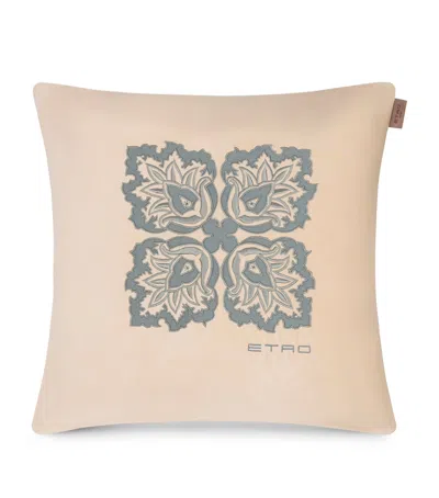 Etro Velvet Embroidered Loto Cushion In Sand