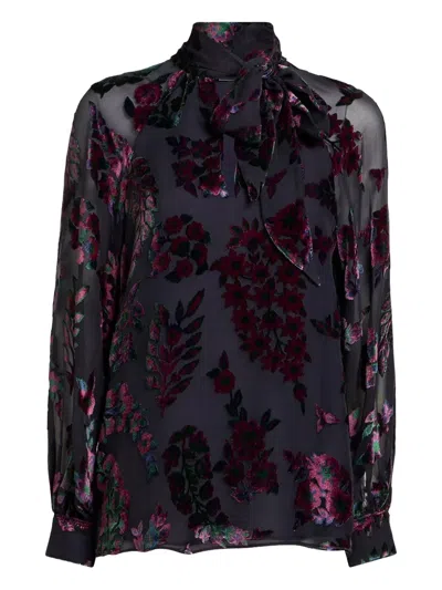 Etro Velvet Floral Print Blouse In Blue