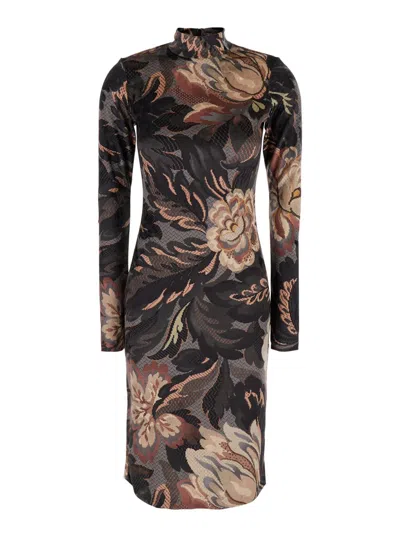 ETRO MULTICOLOR MIDI DRESS WITH JACQUARD MOTIF IN VELVET WOMAN