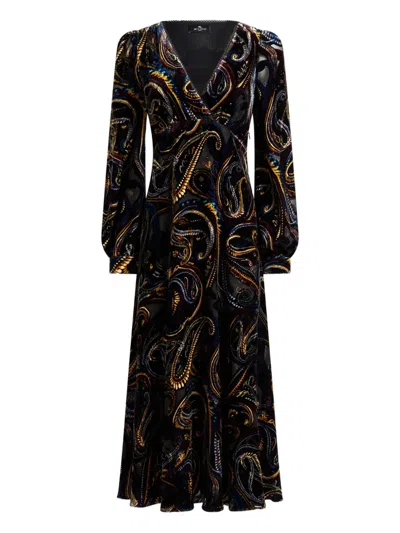 Etro Velvet Paisley-foliage Motif Wrap Midi Dress In Black