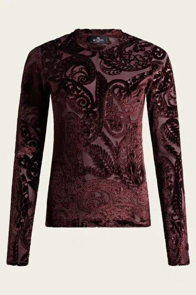ETRO VELVET PAISLEY LONG-SLEEVE TOP IN BURGUNDY