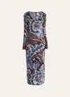 Etro Womens Multi On Blue Floral-intarsia-graphic Plunge-neckline-at-back Stretch-woven Blend Maxi Dress In Multicolour On Pa