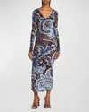 Etro Womens Multi On Blue Floral-intarsia-graphic Plunge-neckline-at-back Stretch-woven Blend Maxi Dress In Multicolour On Pale
