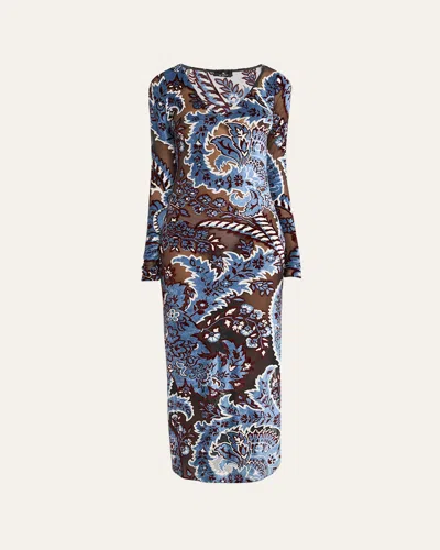 Etro Velvet Paisley Print Midi Dress In Multicolour On Pale