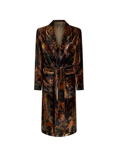 Etro Velvet Robe Coat With Placed Paisley-print In Black