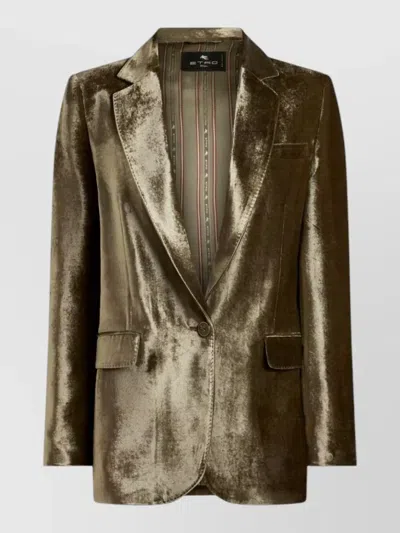 Etro Velvet Single Breasted Tailored Jacket In Green
