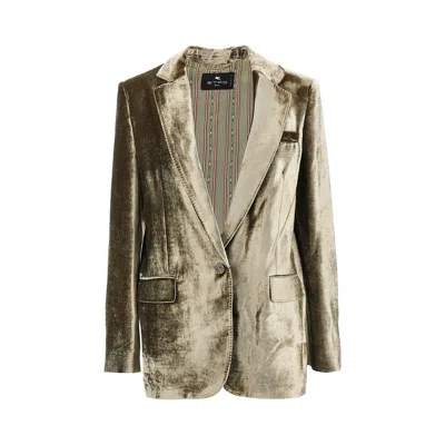 Etro Velvet Single-breasted Jacket In Khaki