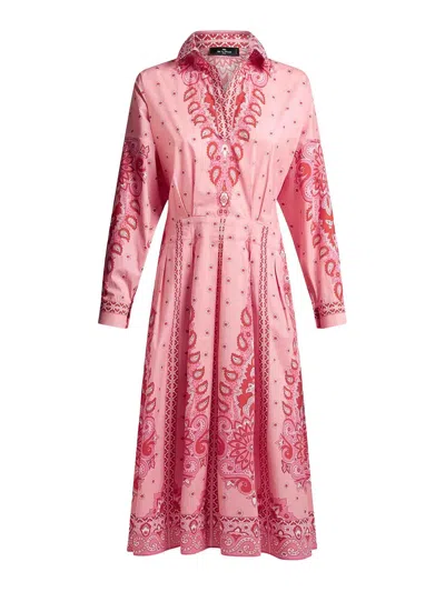 Etro Floral-patterned Stretch Cotton Midi Dress With V-neck In Pink