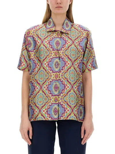 Etro Printed Silk Short Sleeve Bowling Shirt In Multi Lilac