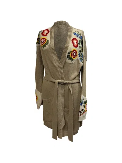 Pre-owned Etro Vintage Embroidered Belted Cardigan In Neutral