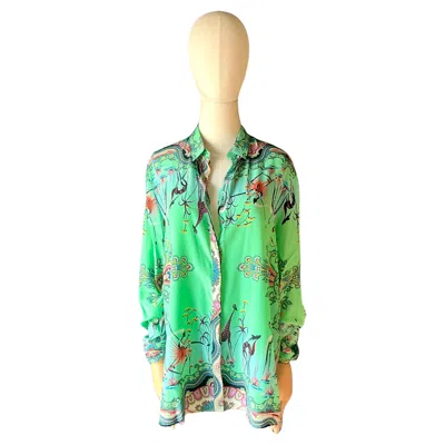 Pre-owned Etro Vintage  Green Bird Silk Blouse