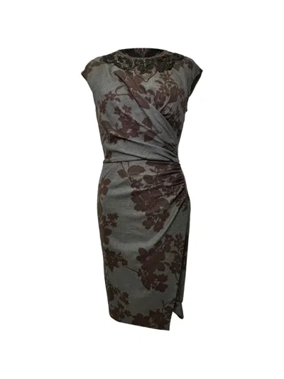 Pre-owned Etro Vintage Floral-print Lace-embroidered Dress In Gray