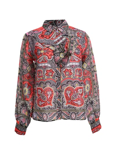 Pre-owned Etro Vintage Paisley-print Ruffle Blouse In Red