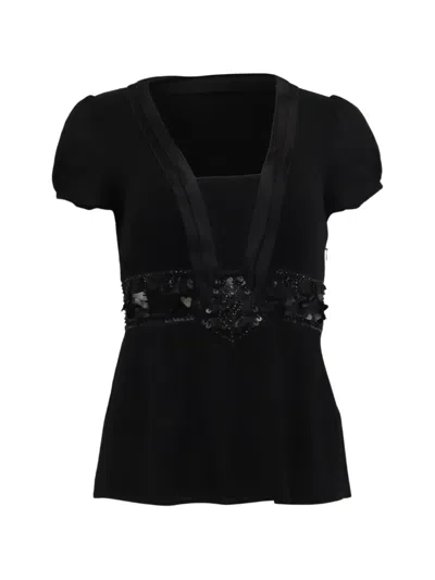 Pre-owned Etro Vintage Sequin-embellished Short-sleeve Blouse In Black