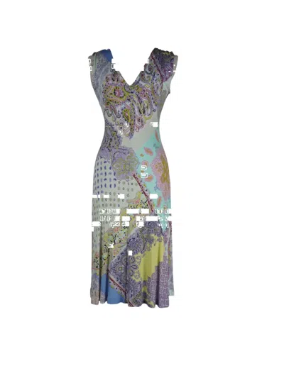 Pre-owned Etro Vintage V-neck Paisley-print Dress In Purple