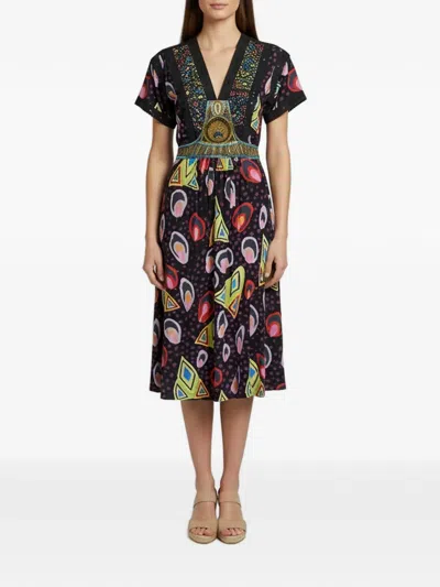 Pre-owned Etro V-neck Embellished Midi Dress In Black