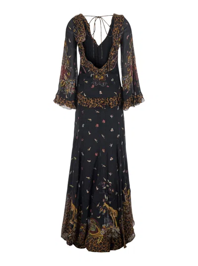 Etro V-neck Long Dress With Ruffled Sleeves And All-over Print Tech Fabric In Brown