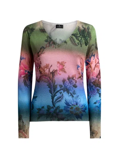 Etro V-neck Sweater With Degradé Floral-motif In Multi