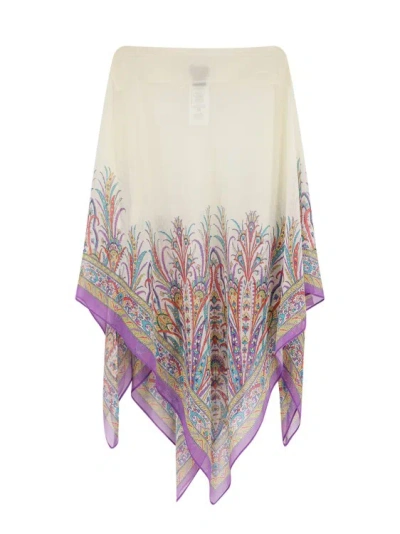 Etro Voile Cape With Iconic Print In Neutrals