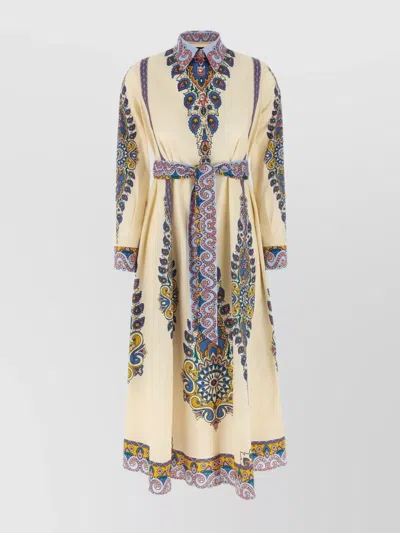 Etro Waist Belt Long Sleeve Paisley Button Dress In Multicolor