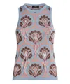 Etro Crystal Feather Embellished Foulard Knit Tank Top In Blue
