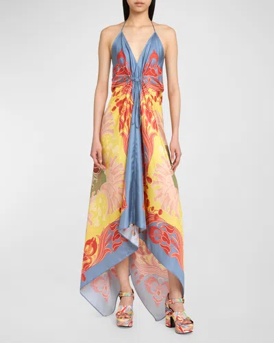 Etro Wallpaper-print Halter High-low Foulard Sundress In Print On Yellow