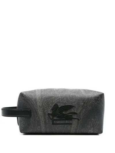 Etro Washbag With Embroidered Logo In Gray