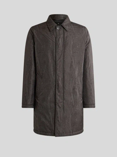 Etro Padded Raincoat With Arnica Motif In Brown