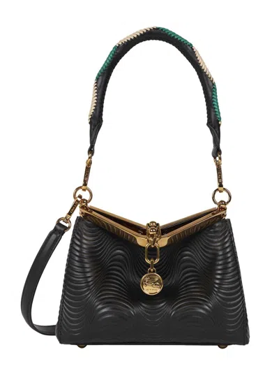 Etro Wavy Calf Leather Shoulder Bag In Black