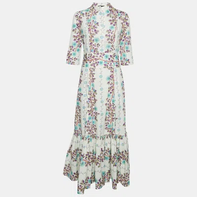 Pre-owned Etro White Floral Print Cotton Gathered Maxi Dress M