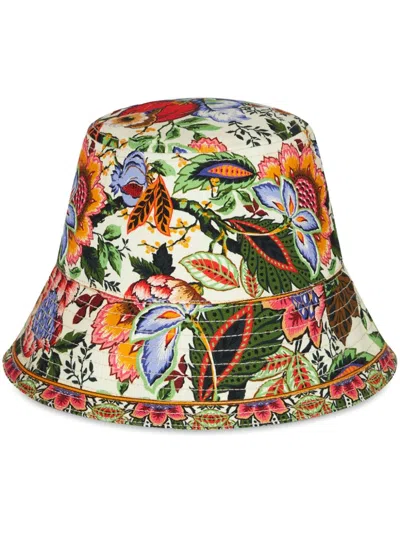 Etro White Multicolor Bucket Hat For Women With All-over Logo Print And Side Logo Patch