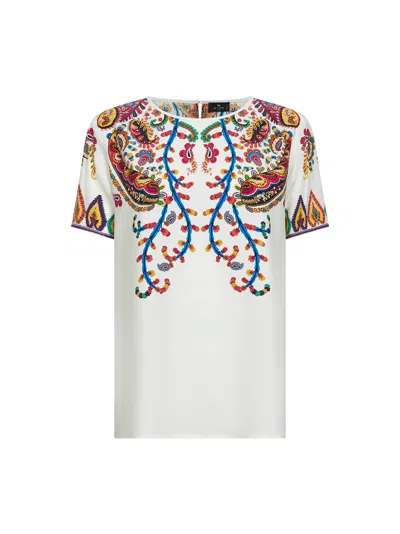 Etro Women White Placed Floral Paisley-printed Silk T-shirt In Multi