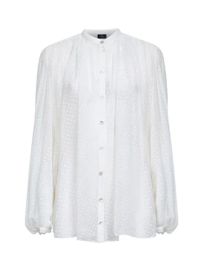 Etro White Plumetis Silk Blend Gathered Shirt