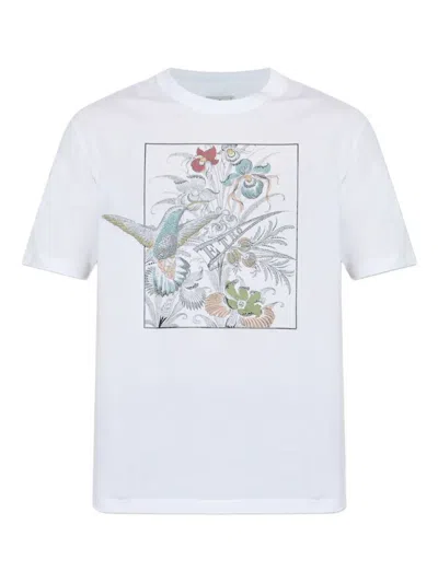 Etro White Round Neck Floral Print T-shirt In Gray