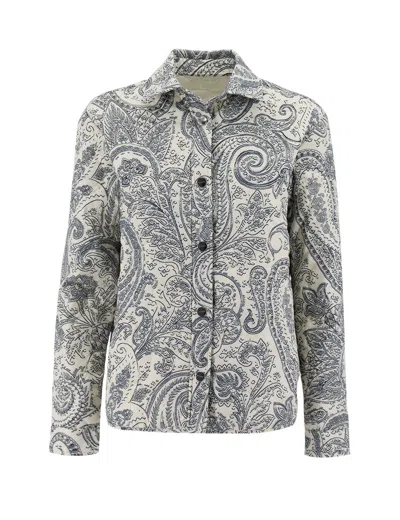 Etro White Shirt Jacket With Paisley Print In Grey