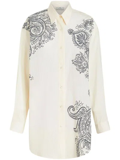 Etro White Silk-cotton Blend Shirt With Paisley Print And Buttoned Front Fastening In Ivory